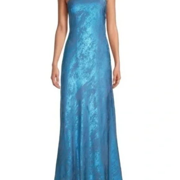 Aidan by Aidan Mattox Halter Sleeveless Foiled Mermaid Gown in Ocean Dream - Picture 3 of 5